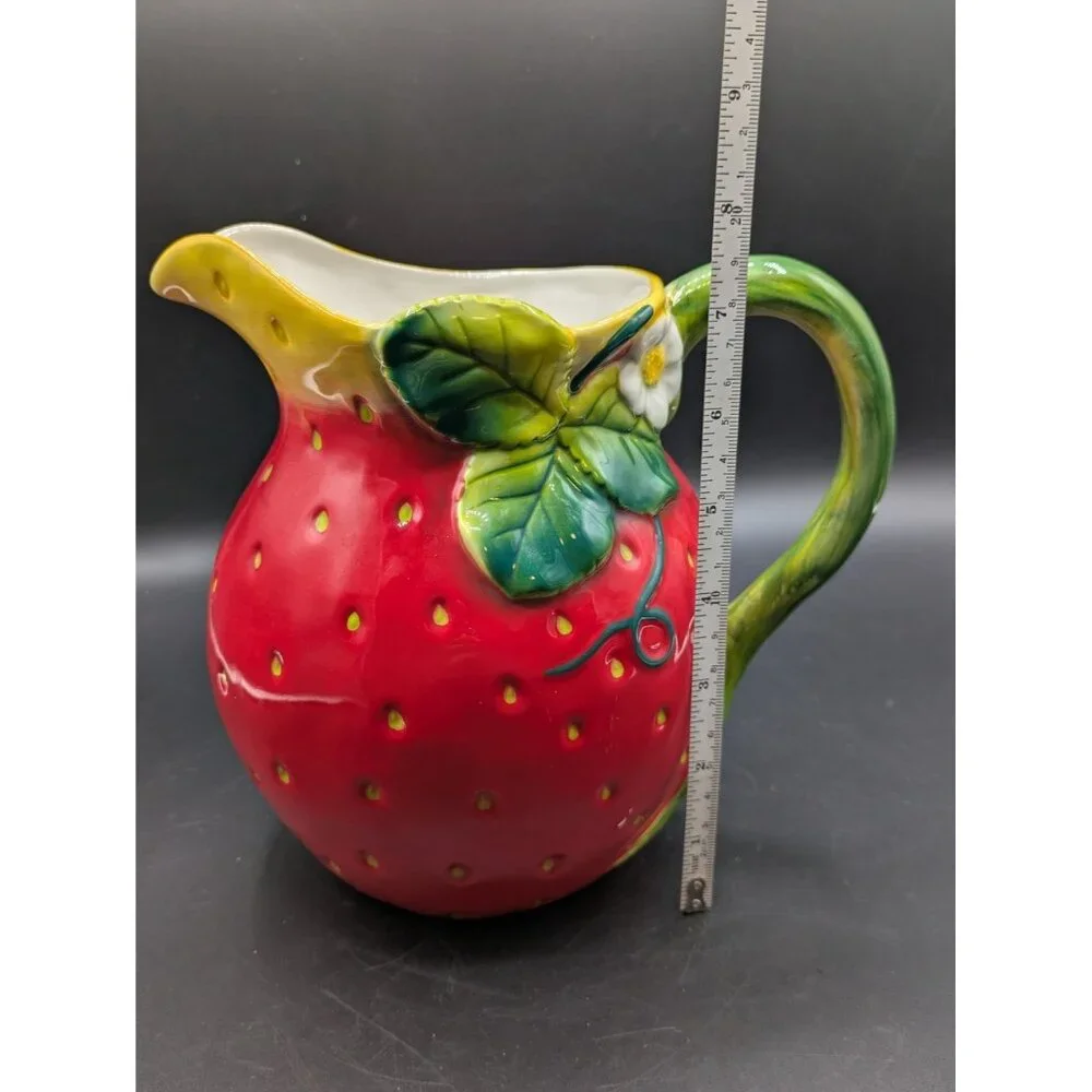 Sur La Table Ceramic Strawberry Shaped Pitcher Water Lemonade Red Green 7.5